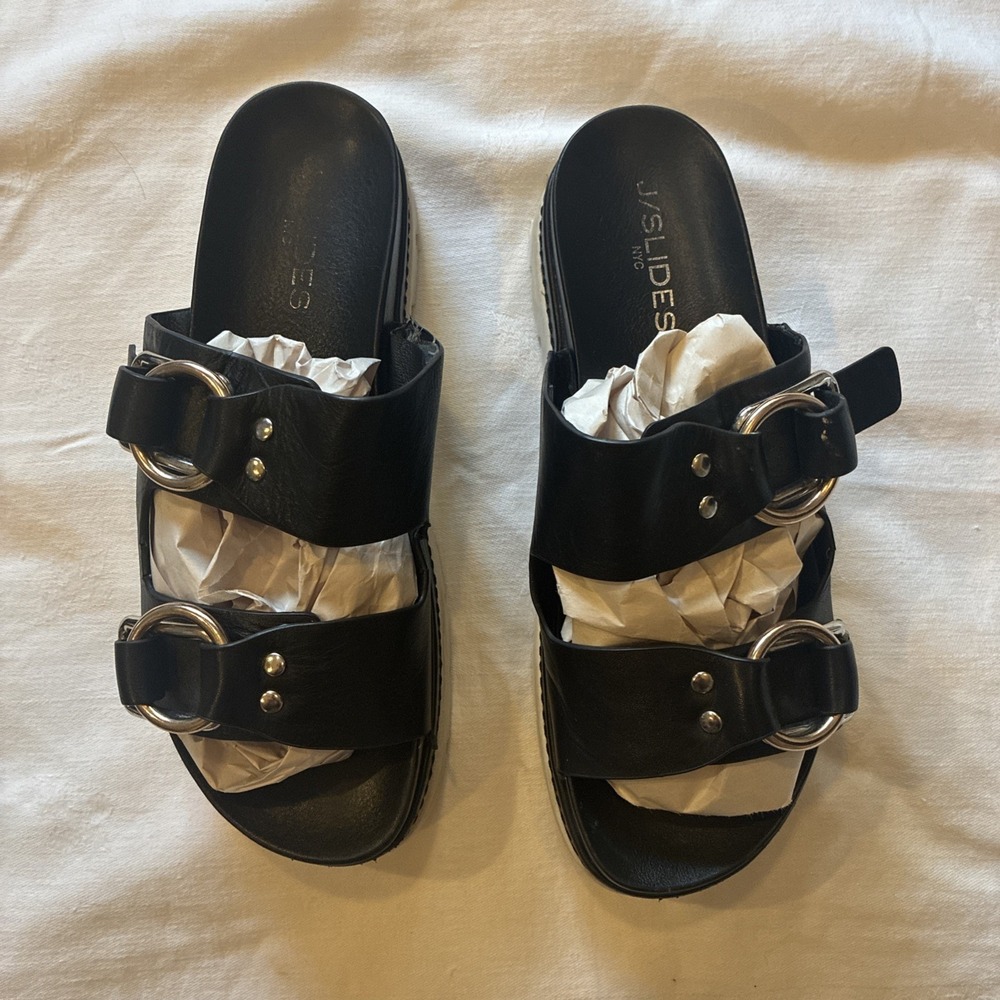 Jslides Women's Size 8 1/2 Leather Double Buckle Sandals Black - Picture 1 of 9